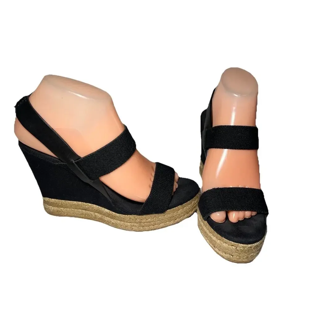 TORY BURCH Sandals 8.5 Wedge Espadrille Black Two Band Platform 4.5